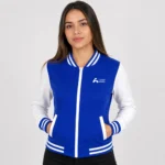 Jaqueta College - Baby Look - Helanca flanelada ou Tactel com ziper e bordada - Colégio Apoio Azul com Branco