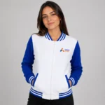 Jaqueta College - Baby Look - Helanca flanelada ou Tactel com ziper e bordada -  Colégio Apoio Branco com Azul
