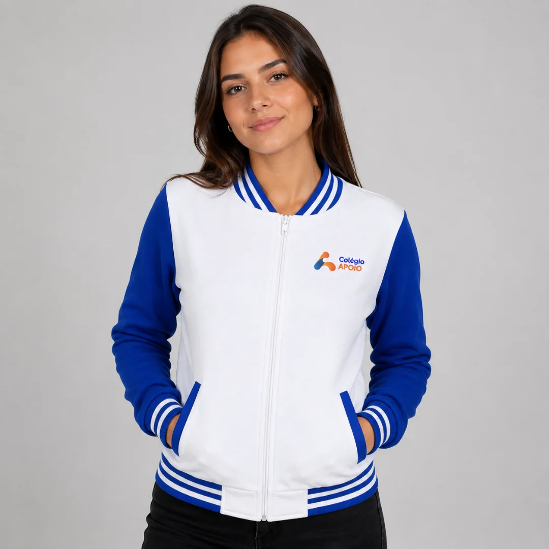 baby-look-frente-2 Jaqueta College - Baby Look - Helanca flanelada ou Tactel com ziper e bordada - Colégio Apoio Branco com Azul - Imagem 1