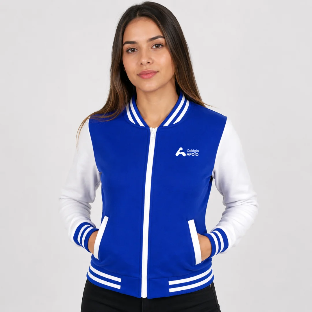 Jaqueta College – Baby Look – Helanca flanelada ou Tactel com ziper e bordada – Colégio Apoio Azul com Branco