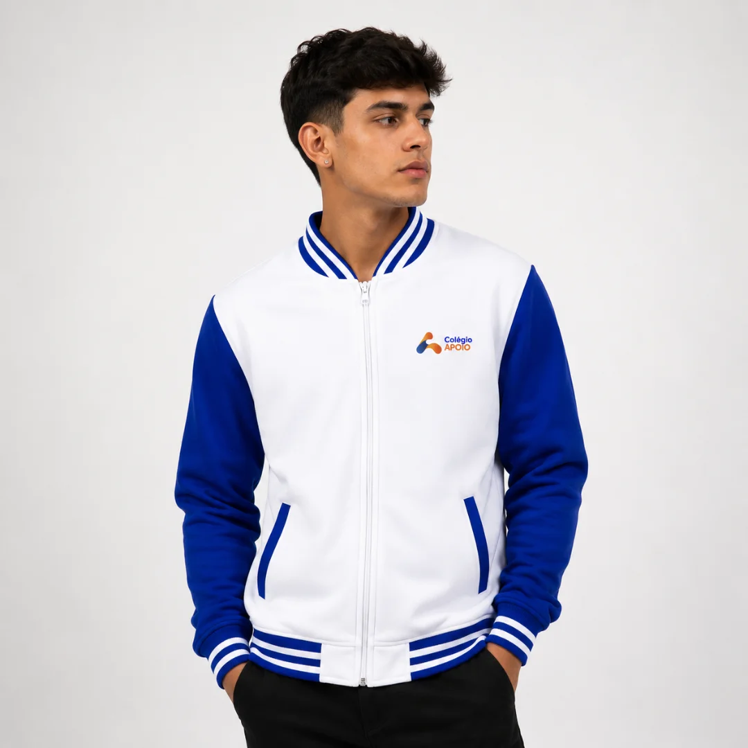 costas Jaqueta College Helanca flanelada ou Tactel com ziper e bordada - Colégio Apoio Branco com Azul - Imagem 1